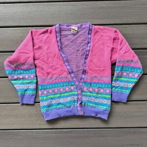 Vintage Hot Fudge Girls Fair Isle Cardigan Size 10/12 Pink Purple‎